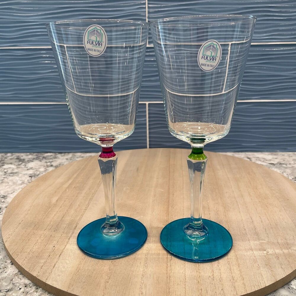 Pair of FULVIA Stemmed Wine Crystal Made in Italy Faceted Stems Green Magenta